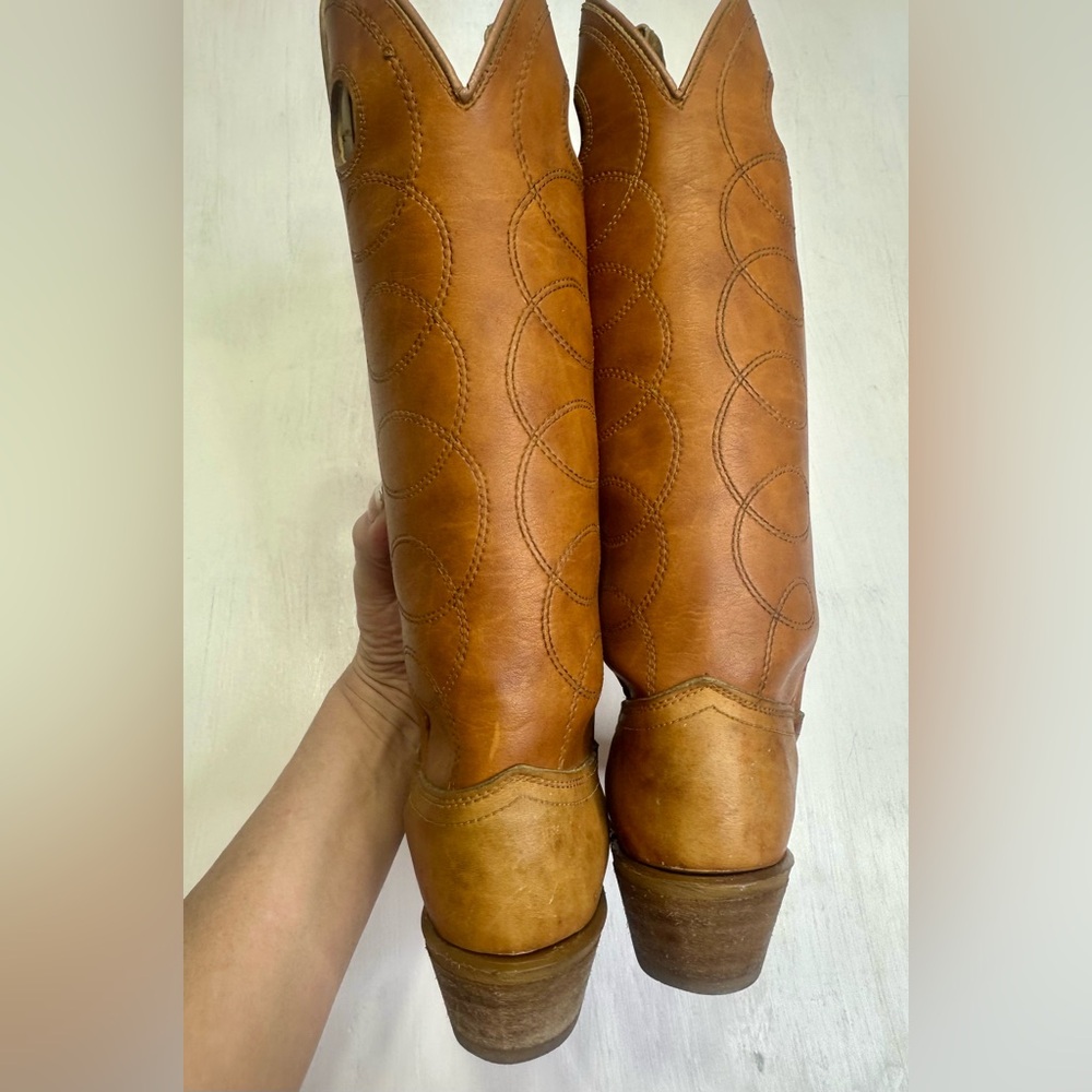 Vintage Acme Cowboy Boots Tan Leather USA Women 9.5C Narrow Western Tall - Picture 6 of 16